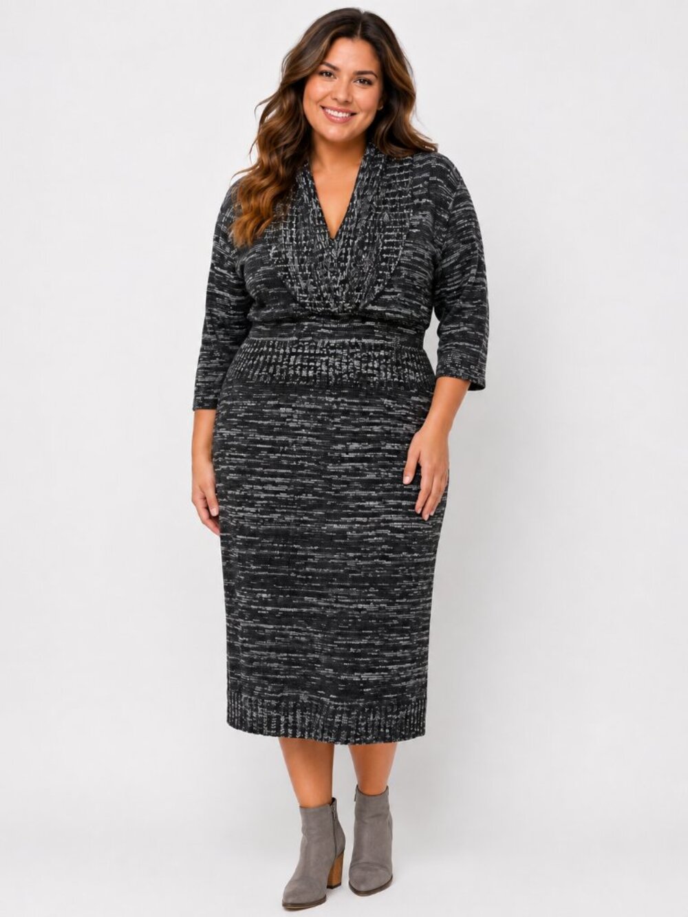Avenue Sweater Midi-Dress, Black & Gray with Cowl Neckline, Size 14/16